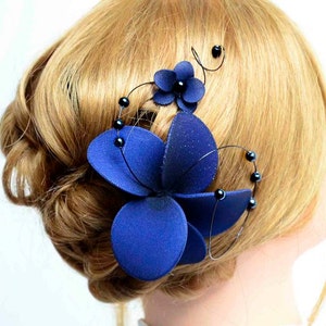 Navy blue orchid mini fascinator clip, Bridesmaid floral hair piece, Bridesmaids gifts image 4