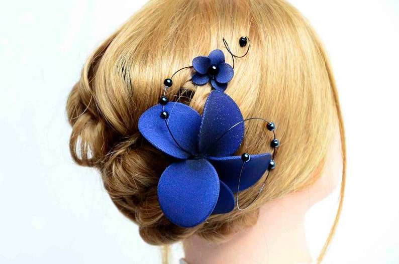 Navy blue orchid mini fascinator clip, Bridesmaid floral hair piece, Bridesmaids gifts image 4