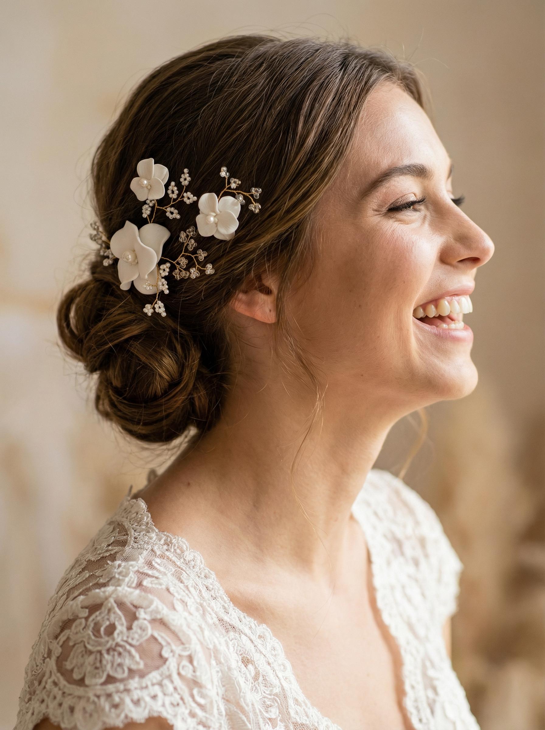 Ivory Pearl & Gold Floral Headband and Bobby Pin Set, Bridal   NWT / NWOT Ivory Flower Wedding Hair Pins: Pearl Rhinestone Gold Floral  main image 4