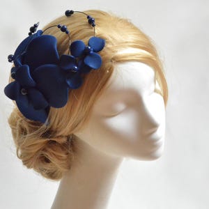 Elegant Navy Blue Statement Fascinator with Handmade Flowers and Leaves – Custom Colors Available