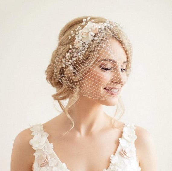 Ivory & Blush Pink Birdcage Veil With Floral and Bead  display picture 3