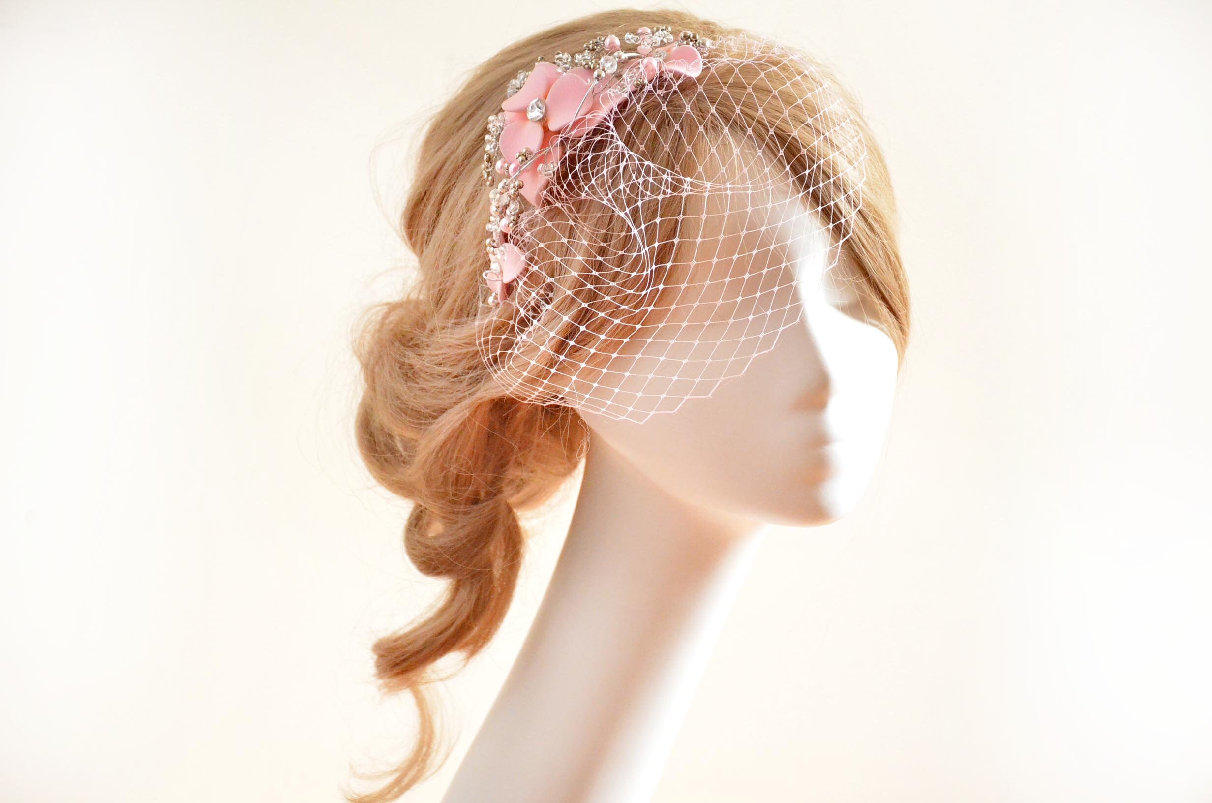 Pale pink birdcage veil Birdcage veil headband Floral headband Etsy
