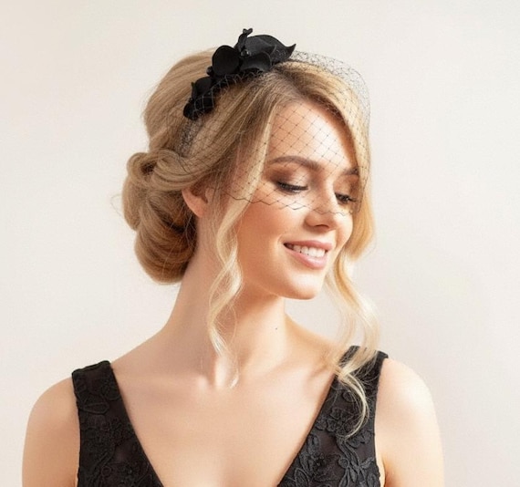 Black Birdcage Veil With Flowers: Ghotic Fascinator Headband 