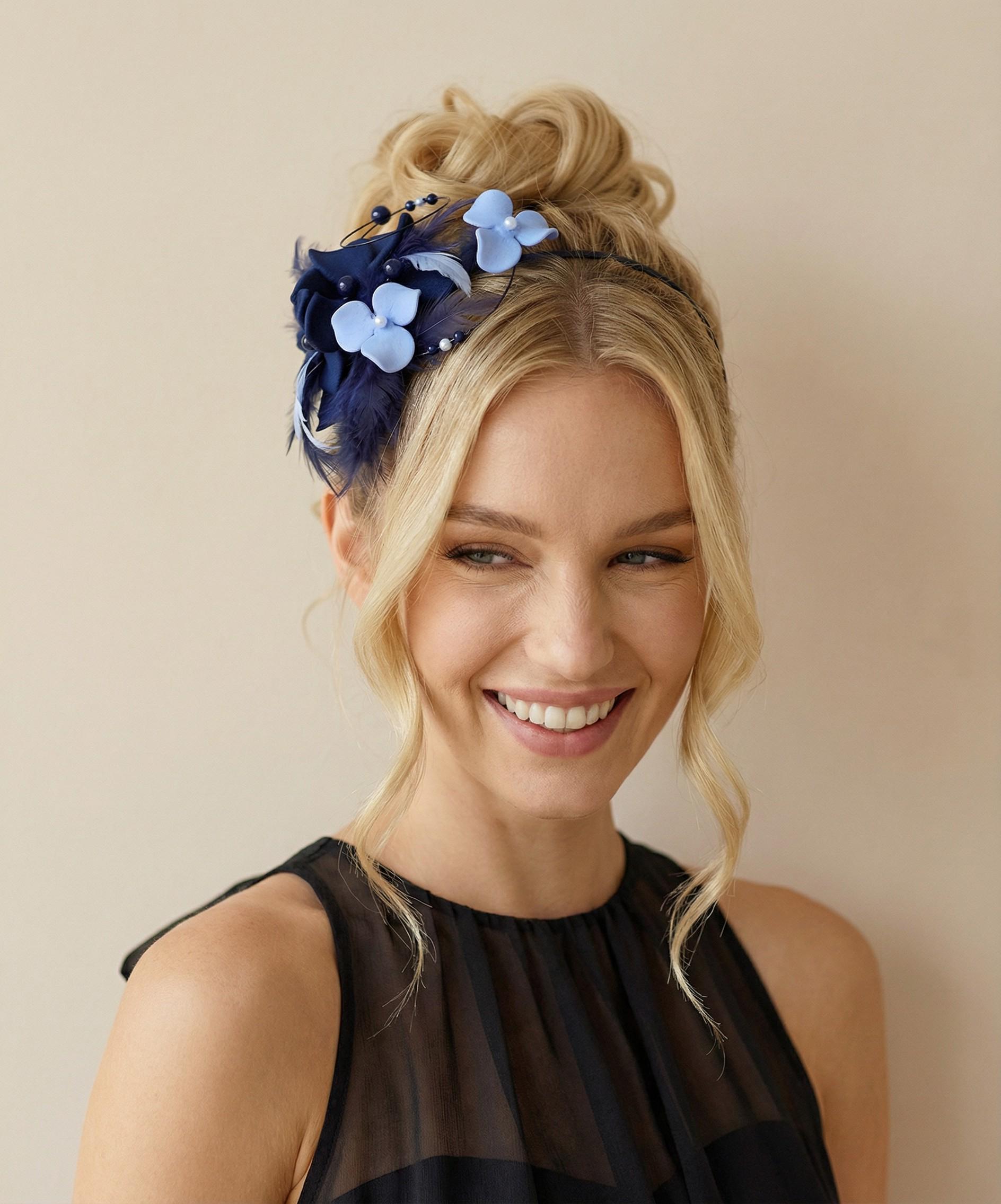 Elegant Navy Blue Wide-Brim Fascinator Hat with Rosette and Pearl Trim Blue Formal Hats for Women for sale | eBay main image 4