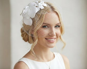 White Large Floral Fascinator with Veil – Handmade Bridal Headpiece