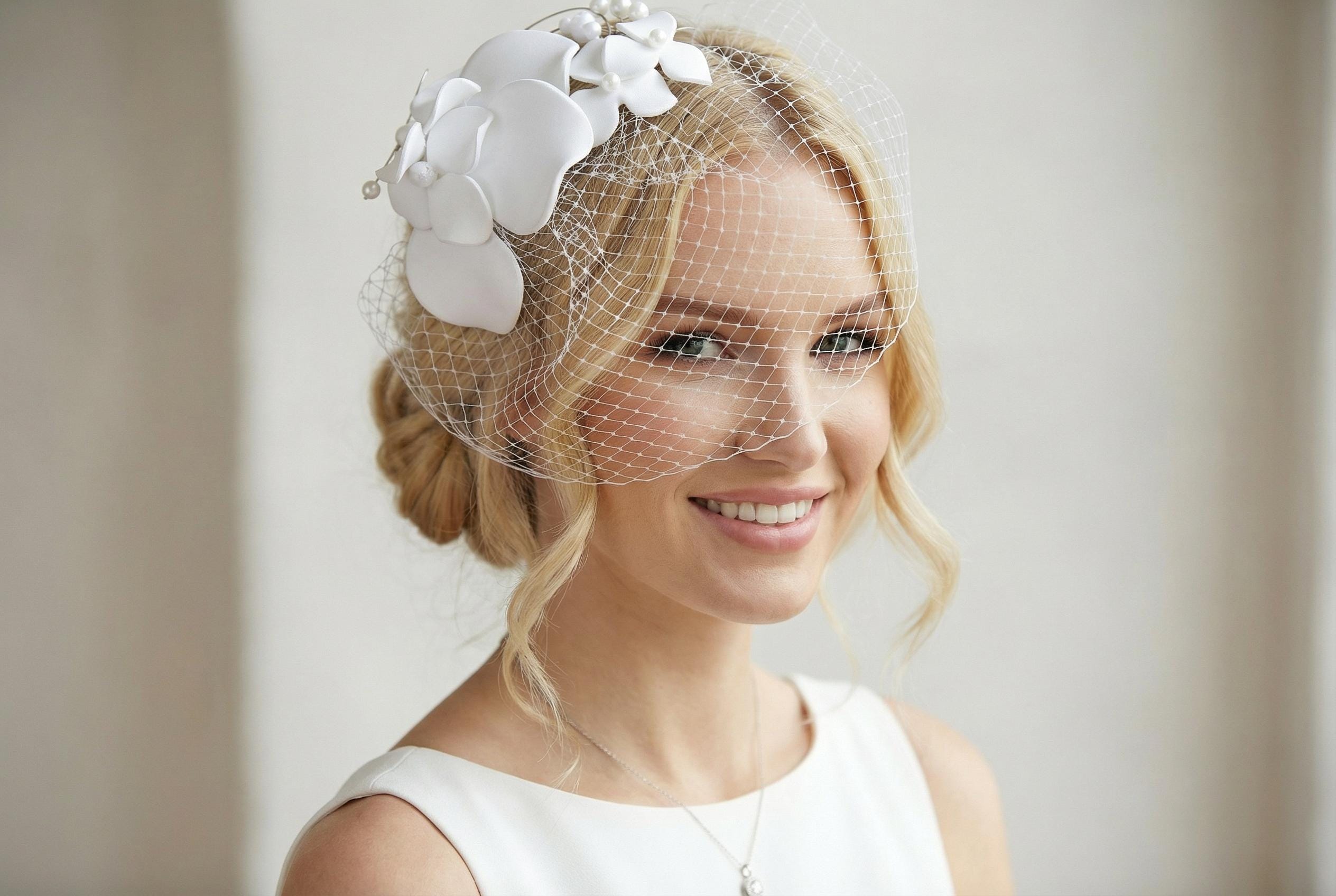 White Large Floral Fascinator With Veil – Handmade Bridal  display picture 3