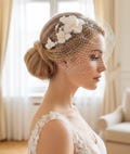 Floral Birdcage Veil with Pearls: Petite Bridal Headpiece