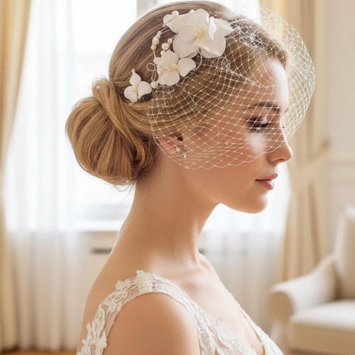 Floral Birdcage Veil With Pearls: Petite Bridal Headpiece - Etsy display picture 2