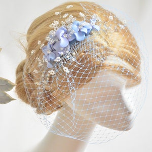 Pale Blue Birdcage Veil Headband – Mini Veil Fascinator for Bridesmaids, Communion, or Wedding Guest