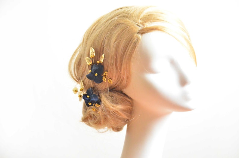 Marineblauwe en gouden bloemclips, marineblauwe en gouden haarspelden, marineblauwe en gouden haarsieraden, marineblauwe haaraccessoires, bruidshaarspelden, afbeelding 2