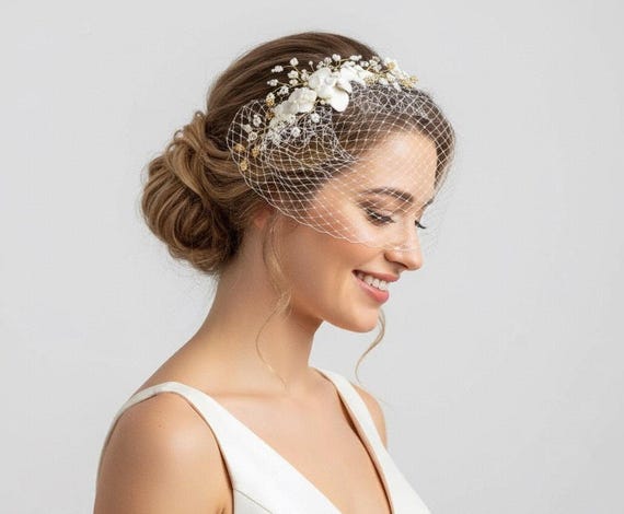 Bridal Birdcage Hair Clip with Netting and Lace Floral Details Crystal Wire Wrapped Birdcage Veil: French Netting Bridal  main image 4