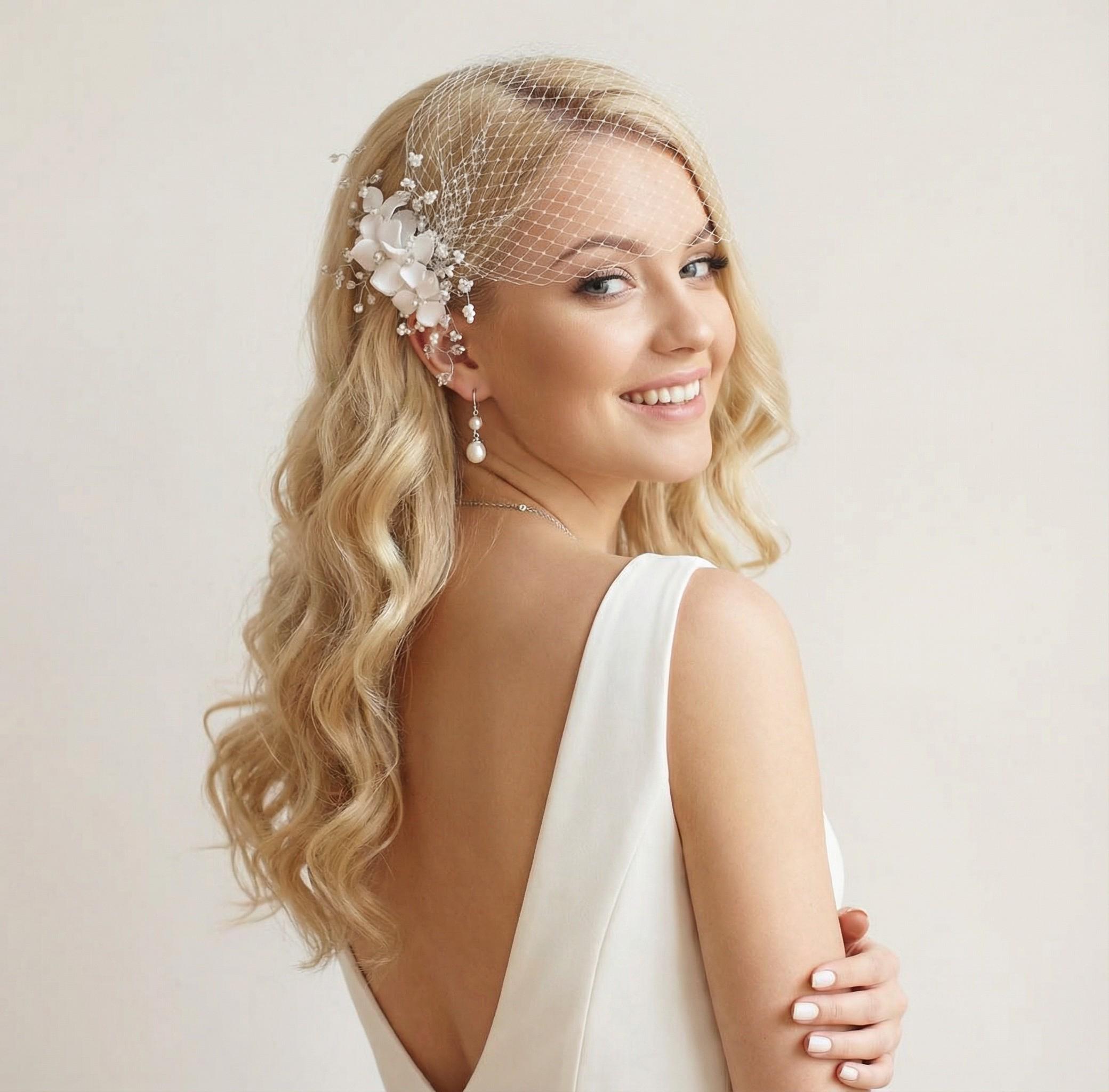 Ivory Floral Bridal Headpiece With Bandeau Veil, Beaded Wire  display picture 2