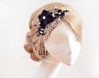 Black decorative headpiece with birdcage veil, Floral veil headband, White hair decoration with netting