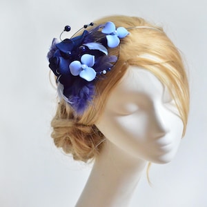Navy and Pale Blue Floral Feather Fascinator – Handmade Headpiece with Pearls, Custom Colors and Base Options