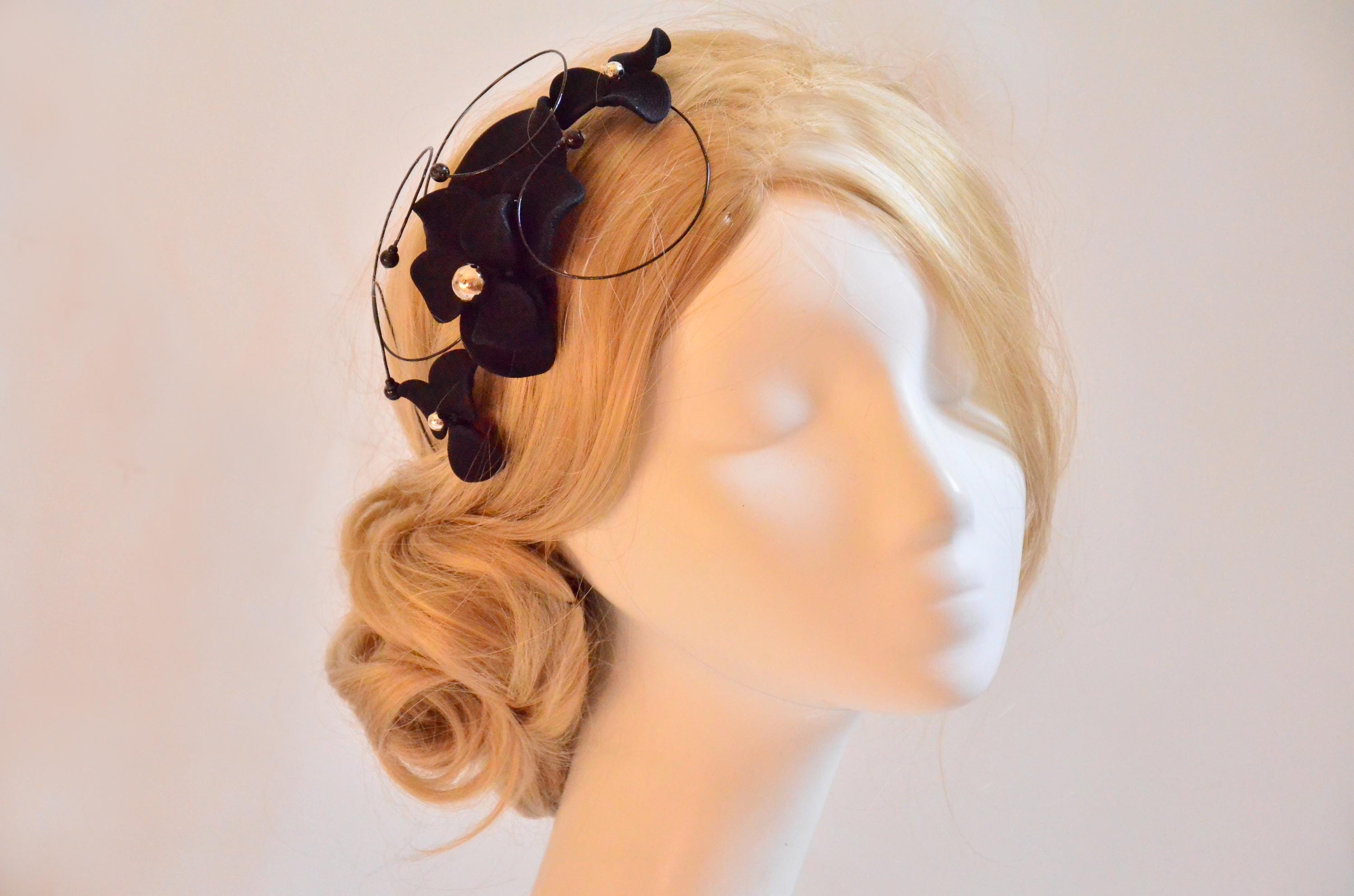 Black Beaded Wire Halo Fascinator with Floral Accents Black Floral Fascinator With Beaded Wire Loops – Custom  main image 3