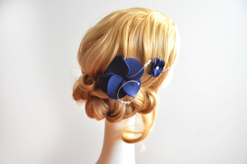 Navy blue orchid mini fascinator clip, Bridesmaid floral hair piece, Bridesmaids gifts image 1