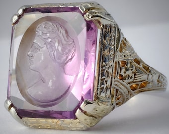 Intaglio Ring 18K White Gold Filigree Natural Amethyst Quartz Art Deco Filigree