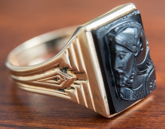 Art Deco Mens 10K Gold Mens Ring Black Onyx Roman… - image 1