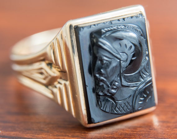 Art Deco Mens 10K Gold Mens Ring Black Onyx Roman… - image 3