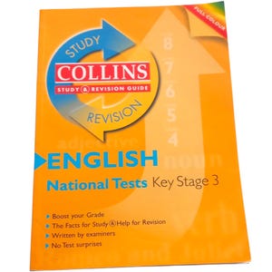 May include: A Collins English Study & Revision Guide for National Tests Key Stage 3. The cover is orange with a blue arrow and the word "Study" in a white circle. The book includes the text "Boost your Grade" and "No Test surprises."