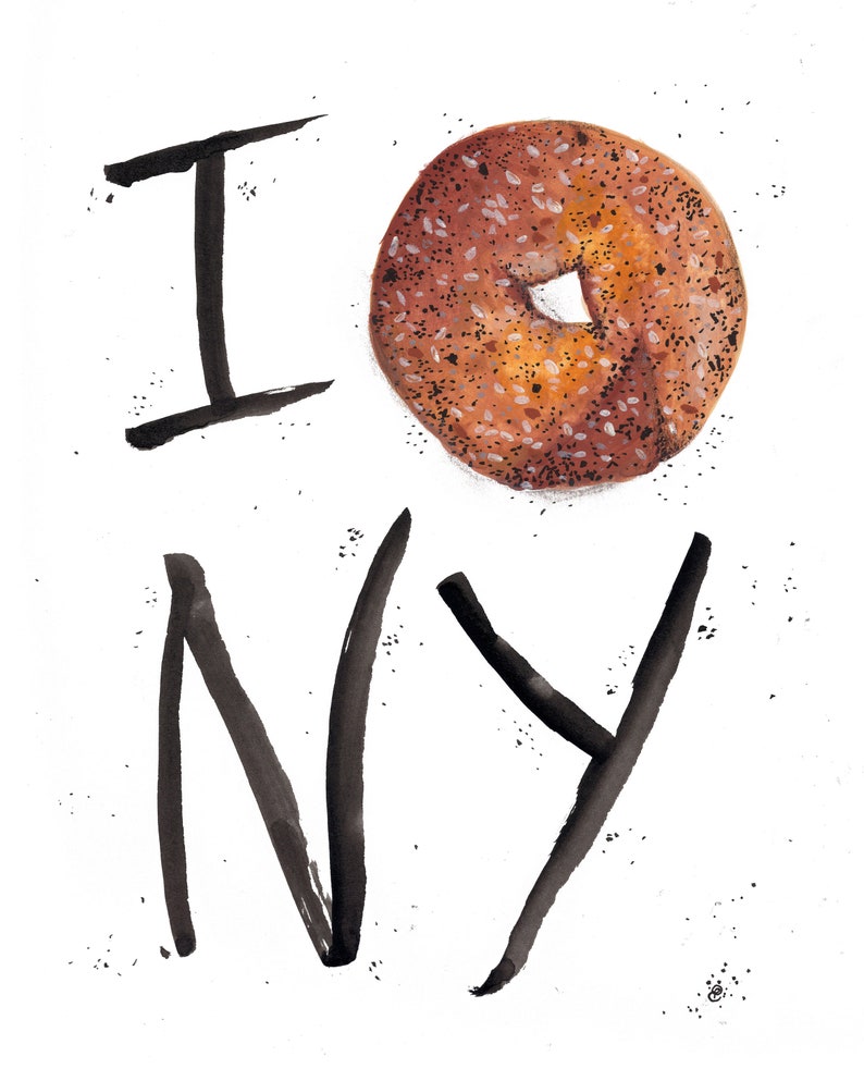 May include: A black and white illustration of the words "I  NY" with a brown and white bagel in the center.