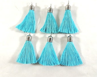 6 Turquoise Fiber THREAD TASSELS w/Silver Tone End Cap 1-3/4" DIY Jewelry Charms Earrings