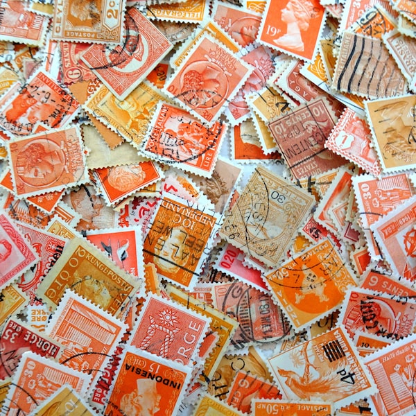 1 Pack of 50 ORANGE Vintage Cancelled Postage Stamps US & Foreign Paper Crafts Junk Journals Book Covers