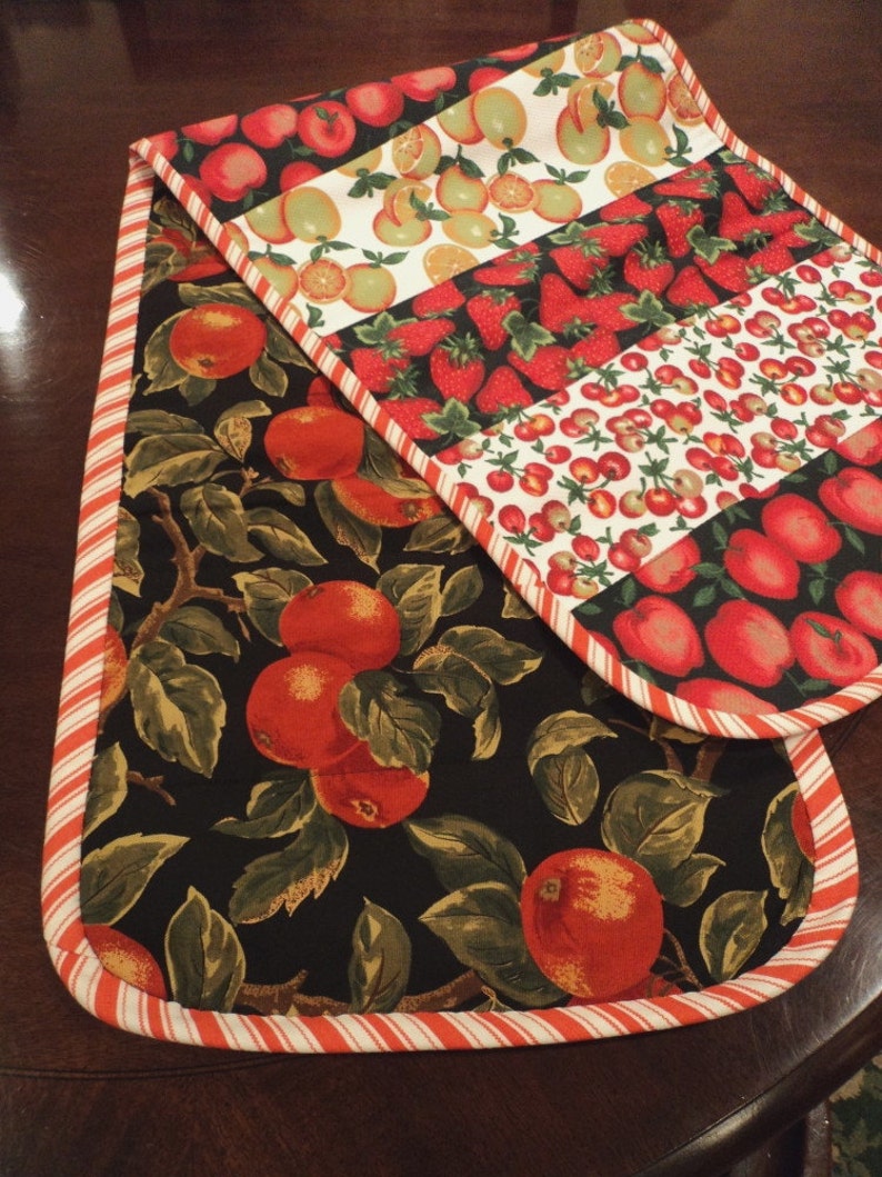 Handmade Reversible Table Runner Quilted Fruit Design 48 Long Apple Cherry Strawberry