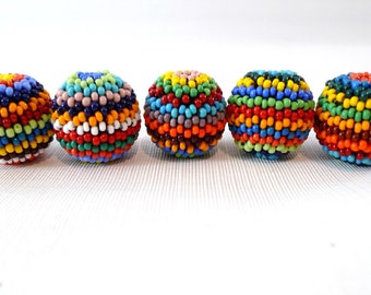 1 Striped Handmade Beaded Bead Colorful Wood Ball Sphere 1-1/4"