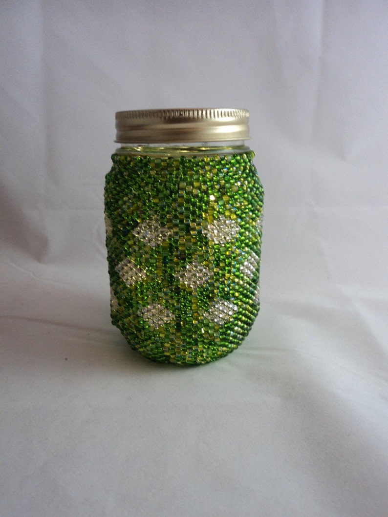 1 Handmade Beaded Green Mason Jar Votive Candle Holder Battery Etsy