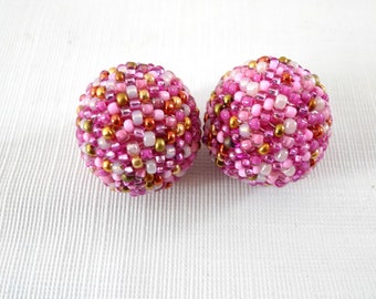 2 Pink & Gold Handmade Beaded Beads Colorful Wood Ball Sphere 1-1/4"