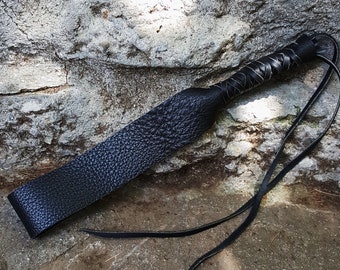 BDSM Water Buffalo Leather Spanking Paddle Discipline strap - 15" x 2" Black w Blk or Brn lace kinky fetish strop impact flogger adult toy