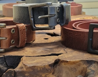 Handmade Custom Leather Belt, 1.50 inch wide, Top Grain Exotic Water Buffalo in Red, Tan, or Slate w Belt Keeper and Metal Belt Buckle