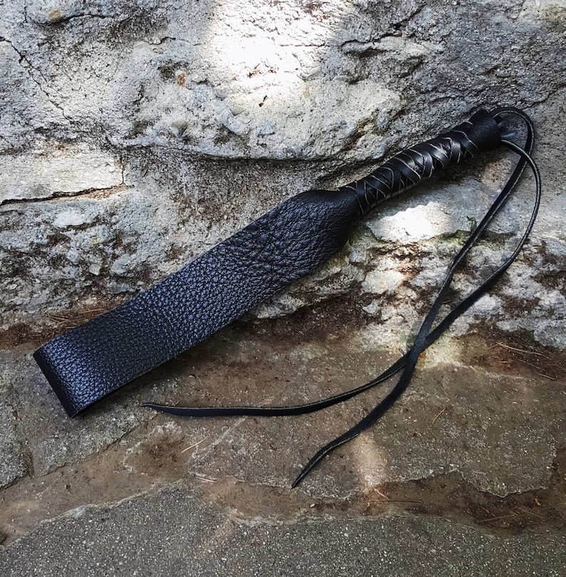 BDSM Water Buffalo Leather Spanking Paddle Discipline strap - 15' x 2' Black w Blk or Brn lace kinky fetish strop impact flogger adult toy 