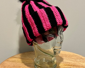 Adult Crochet Hat, Adult Beanie, Hat with Pom Pom, Pink Hat, Pink Crochet Hat, Black Hat, Adult Stripe Hat, Adult Crochet Beanie, Adult Hat