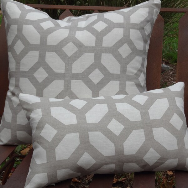 White & Grey Linen Lumbar Pillow
