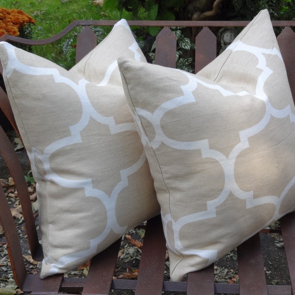 20" x 20"  Beige and White Printed Linen Pillow Cover