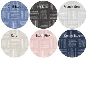 May include: Six fabric swatches with a white geometric pattern on different colored backgrounds: chill blue, ink black, French grey, ecru, blush pink, and denim blue.