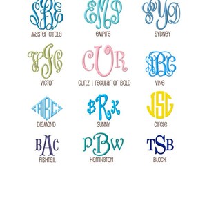 Puede incluir: Un gr&aacute;fico que muestra 12 estilos de monogramas diferentes con sus nombres debajo de cada uno. Los estilos incluyen Master Circle, Empire, Sydney, Victor, Curlz, Vine, Diamond, Sunny, Circle, Fishtail, Harrington y Block.