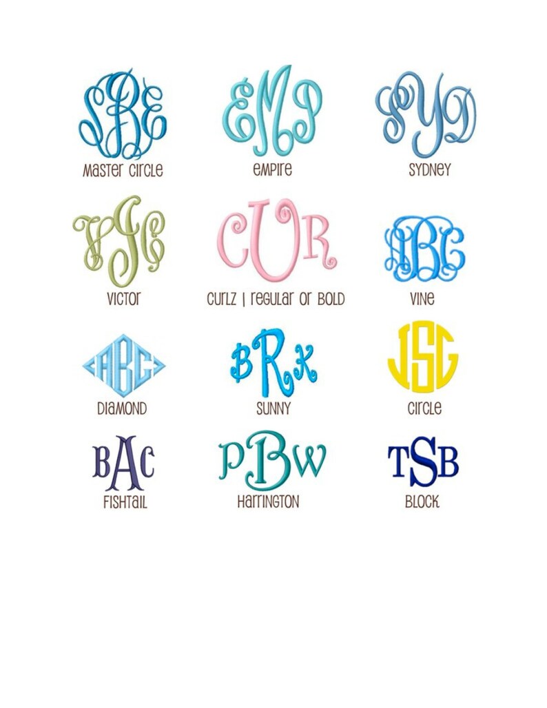 Puede incluir: Un gr&aacute;fico que muestra 12 estilos de monogramas diferentes con sus nombres debajo de cada uno. Los estilos incluyen Master Circle, Empire, Sydney, Victor, Curlz, Vine, Diamond, Sunny, Circle, Fishtail, Harrington y Block.