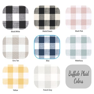 May include: A chart displaying ten different buffalo plaid colour combinations. The colours include black and white, black and cream, blush pink, ecru tan, blue, waterbury, yellow, and French grey. The text "Buffalo Plaid Colours" is at the bottom of the chart.