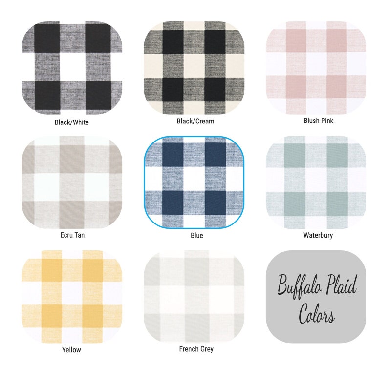 May include: A chart displaying ten different buffalo plaid colour combinations. The colours include black and white, black and cream, blush pink, ecru tan, blue, waterbury, yellow, and French grey. The text "Buffalo Plaid Colours" is at the bottom of the chart.