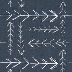 May include: A navy blue fabric with a white geometric pattern of stylised pine trees and arrows.