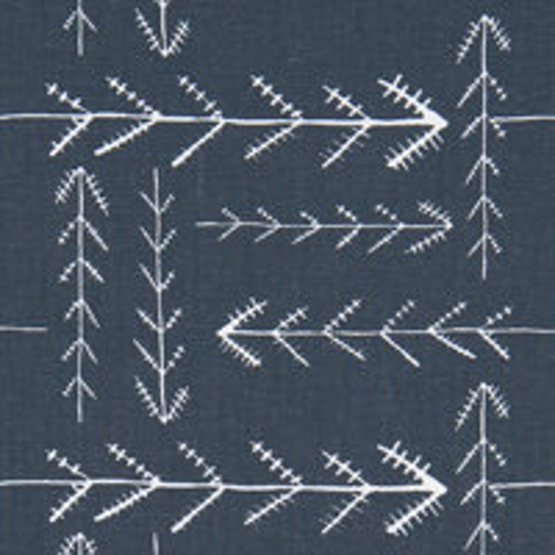 May include: A navy blue fabric with a white geometric pattern of stylised pine trees and arrows.