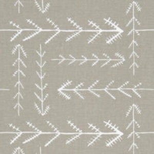 May include: A seamless pattern featuring white stylised pine trees on a grey background.