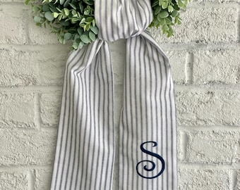 Wreath Sash in Ticking Stripe - Customized Wreath Sash - Initial Wreath Sash - Personalized Gift - New Home Gift - Wedding Shower Gift