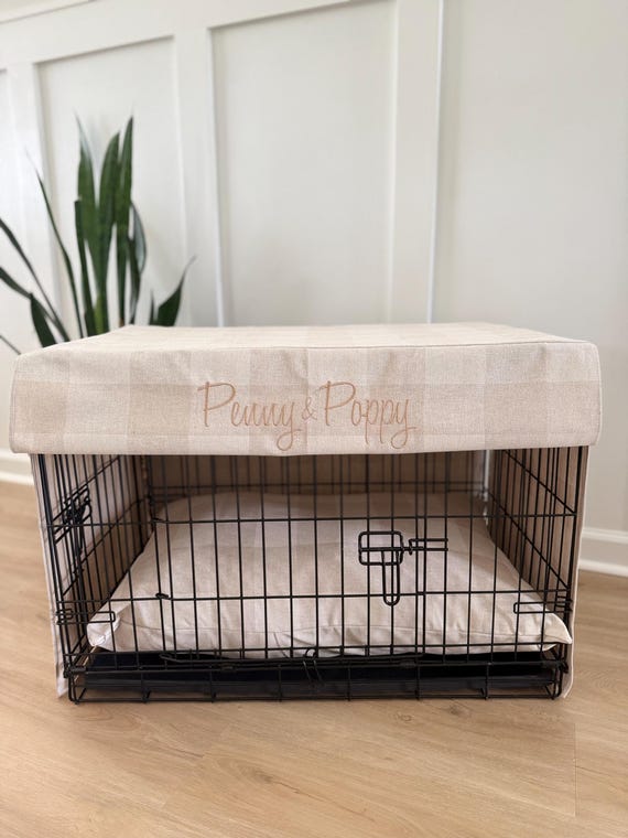 Linen Plaid Dog Kennel Crate Cover - Custom Size Crate Cover - Personalized Pet Crate Cover - Pet Crate Bed - Minimalist Pet Bed Crate Cover