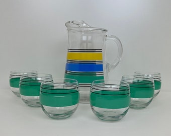 Vintage Libbey "Sociables" rayado Roly Poly cristalería y jarra de agua - 1980's