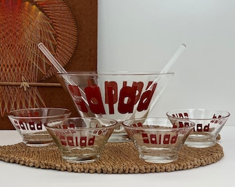 Tipografía vintage de vidrio Wheaton - SALAD Set - Tazón grande, 4 tazones laterales, utensilios de lanzamiento transparentes, - Finales de los años 60 / 70