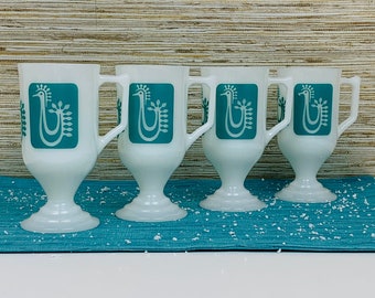 Tazas de pedestal continental de vidrio de leche vintage con diseño de gallo danés